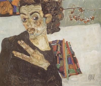 Egon Schiele Self-Portrait with Black Clay Vase and Spread Fingers (mk12) Norge oil painting art